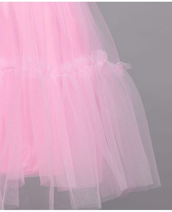 Babyhug 5 Layered Sleeveless Partywear Mesh Dress With Sequinned Yoke & Bow Applique With Cotton Lining - Light Pink