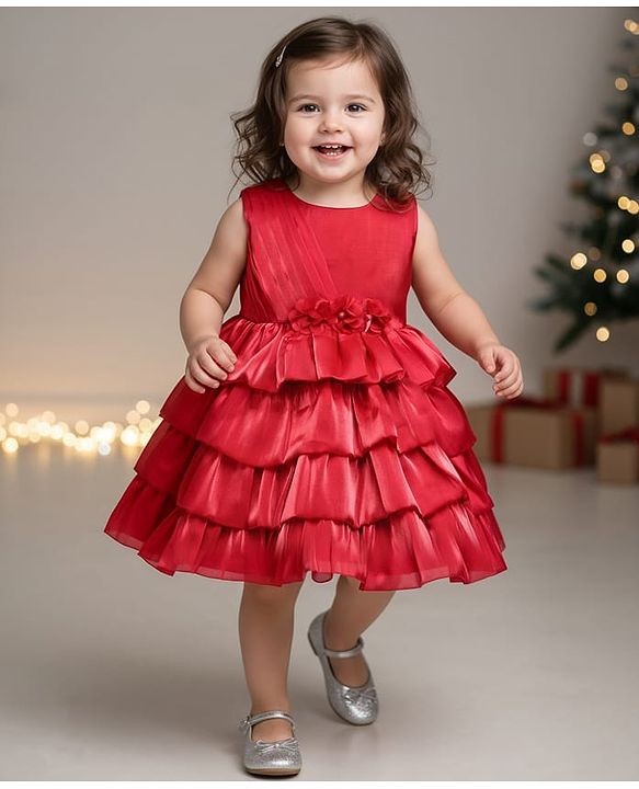 Babyhug 5 Layered Sleeveless Party Dress With Floral Applique & Frill - Red