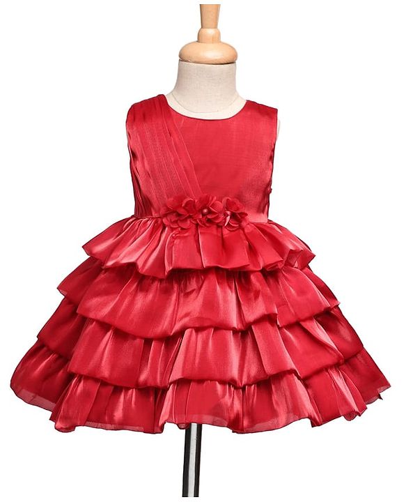 Babyhug 5 Layered Sleeveless Party Dress With Floral Applique & Frill - Red