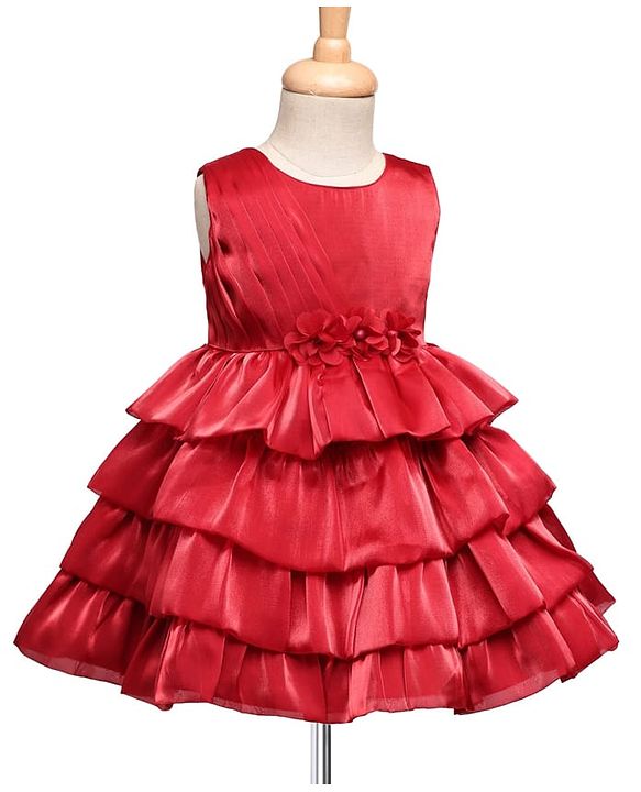 Babyhug 5 Layered Sleeveless Party Dress With Floral Applique & Frill - Red