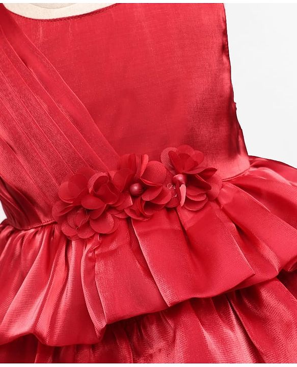 Babyhug 5 Layered Sleeveless Party Dress With Floral Applique & Frill - Red