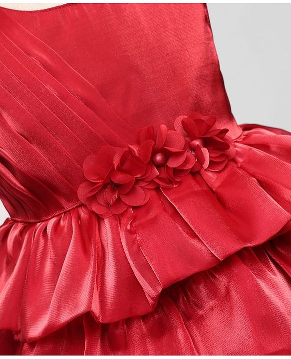 Babyhug 5 Layered Sleeveless Party Dress With Floral Applique & Frill - Red