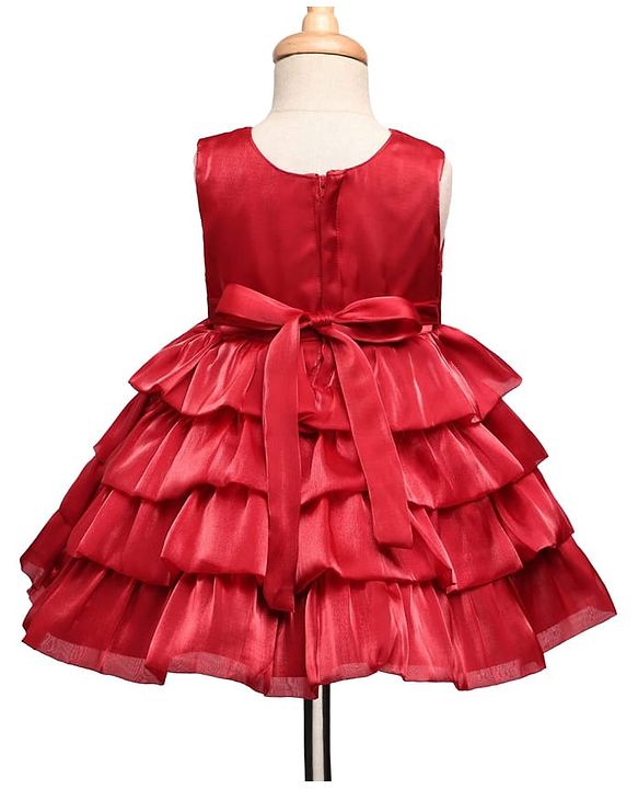 Babyhug 5 Layered Sleeveless Party Dress With Floral Applique & Frill - Red