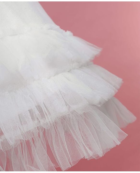 Babyhug Woven Sleeveless Sequinned Yoke Mesh Party Dress With Bow Applique - White