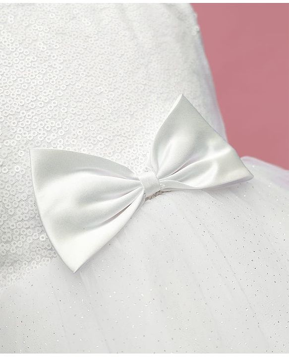 Babyhug Woven Sleeveless Sequinned Yoke Mesh Party Dress With Bow Applique - White