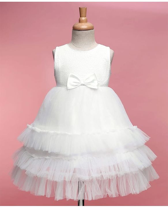 Babyhug Woven Sleeveless Sequinned Yoke Mesh Party Dress With Bow Applique - White