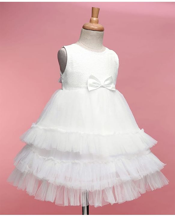 Babyhug Woven Sleeveless Sequinned Yoke Mesh Party Dress With Bow Applique - White
