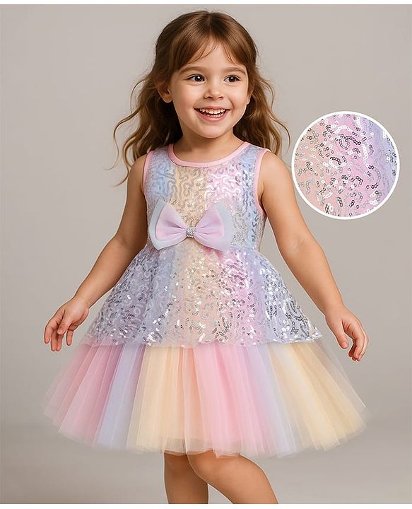 Babyhug Woven Sleeveless Sequinned Layered Dress With Bow Applique - Pink