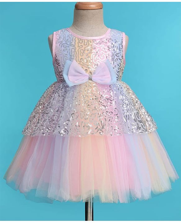 Babyhug Woven Sleeveless Sequinned Layered Dress With Bow Applique - Pink