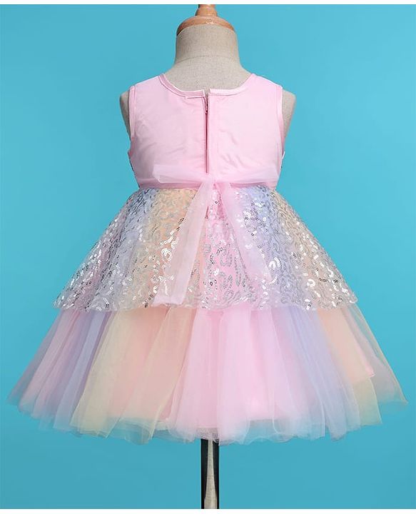 Babyhug Woven Sleeveless Sequinned Layered Dress With Bow Applique - Pink