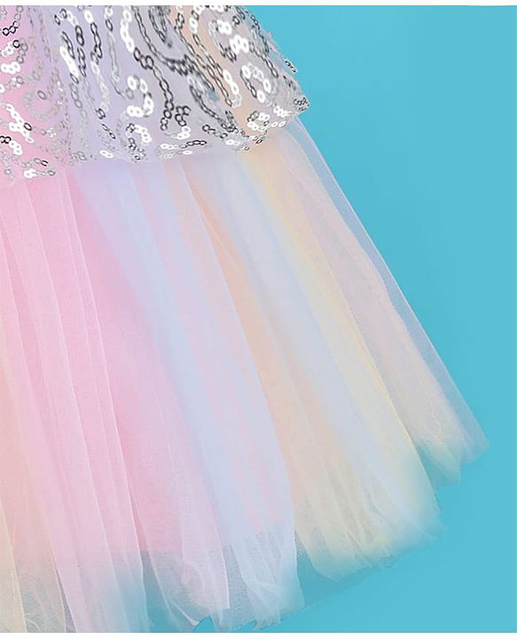 Babyhug Woven Sleeveless Sequinned Layered Dress With Bow Applique - Pink
