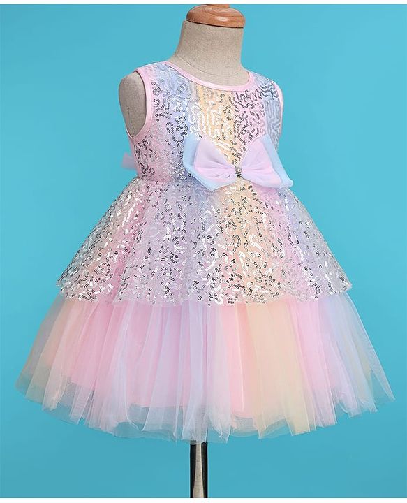 Babyhug Woven Sleeveless Sequinned Layered Dress With Bow Applique - Pink