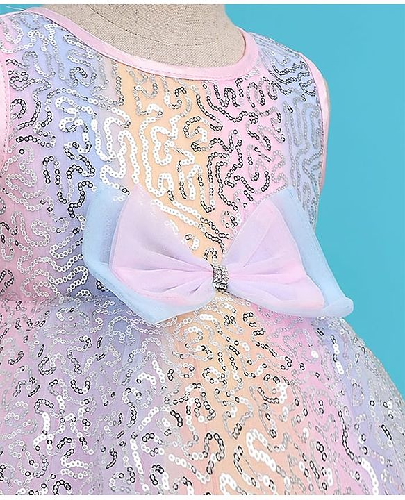 Babyhug Woven Sleeveless Sequinned Layered Dress With Bow Applique - Pink