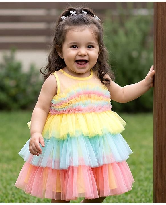 Babyhug Woven Sleeveless Mesh Party Dress With Color Block Design - Multicolor