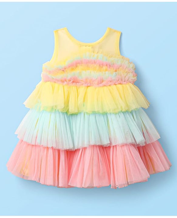 Babyhug Woven Sleeveless Mesh Party Dress With Color Block Design - Multicolor