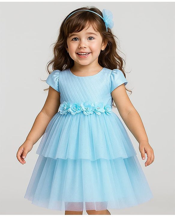 Babyhug 5 Layers With Cotton Lining Cap Sleeves Tiered Glitter Mesh Party Dress With Flower Applique - Light Blue