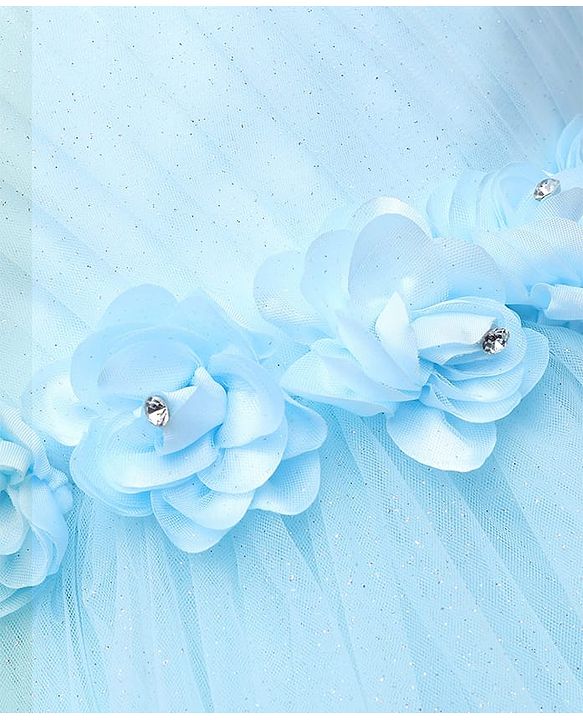 Babyhug 5 Layers With Cotton Lining Cap Sleeves Tiered Glitter Mesh Party Dress With Flower Applique - Light Blue