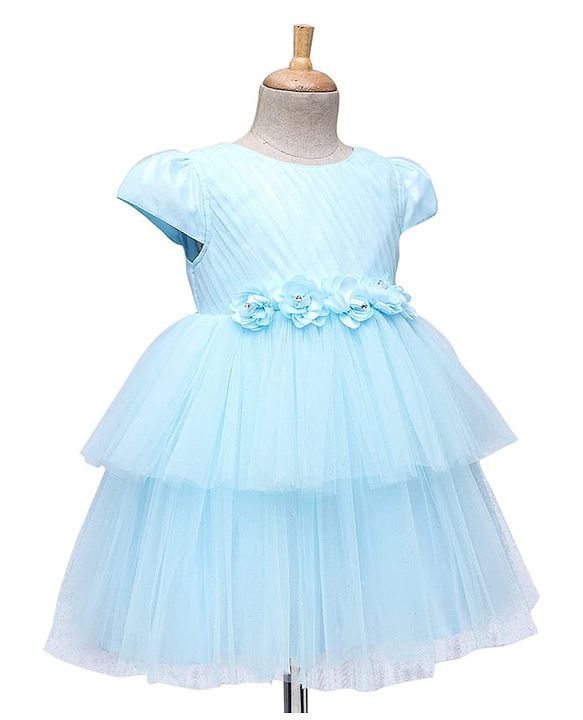 Babyhug 5 Layers With Cotton Lining Cap Sleeves Tiered Glitter Mesh Party Dress With Flower Applique - Light Blue