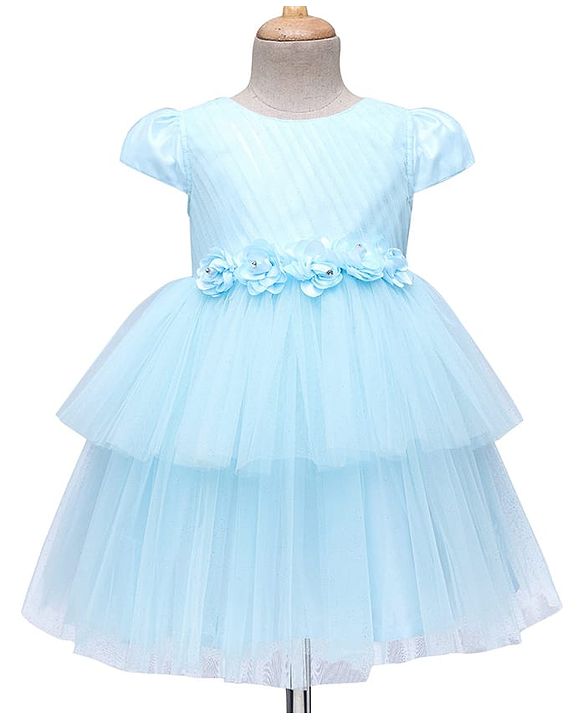Babyhug 5 Layers With Cotton Lining Cap Sleeves Tiered Glitter Mesh Party Dress With Flower Applique - Light Blue