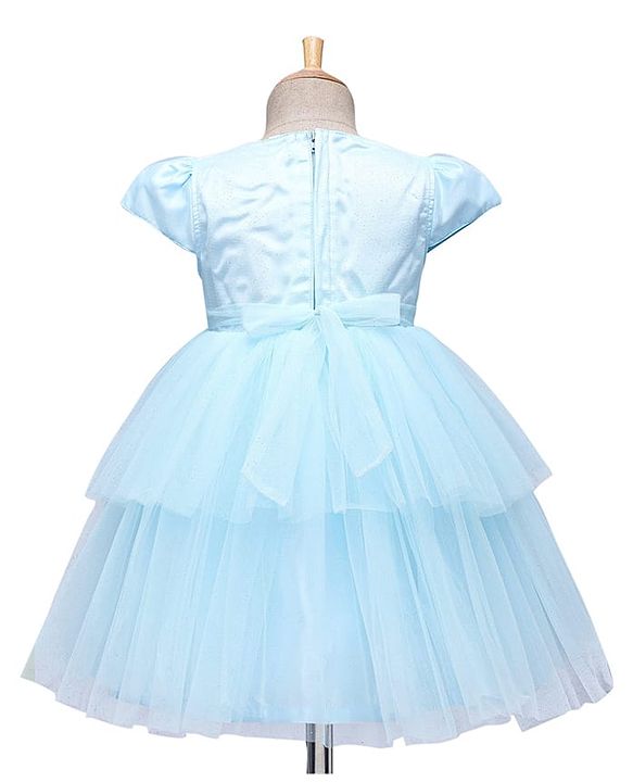 Babyhug 5 Layers With Cotton Lining Cap Sleeves Tiered Glitter Mesh Party Dress With Flower Applique - Light Blue