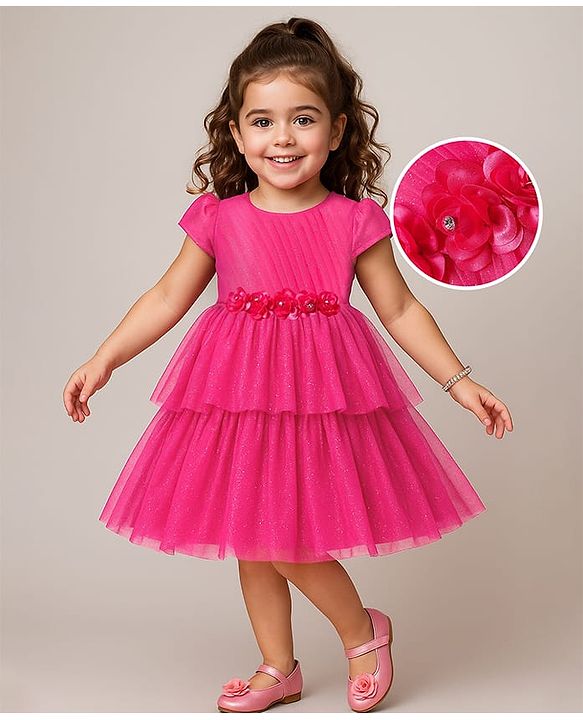 Babyhug 5 Layers With Cotton Lining Cap Sleeves Tiered Glitter Mesh Party Dress With Flower Applique - Light Blue