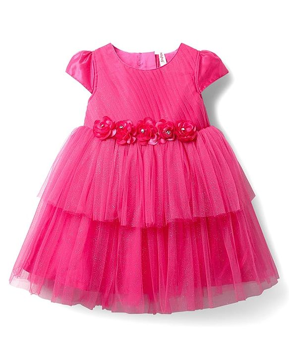 Babyhug 5 Layers With Cotton Lining Cap Sleeves Tiered Glitter Mesh Party Dress With Flower Applique - Light Blue