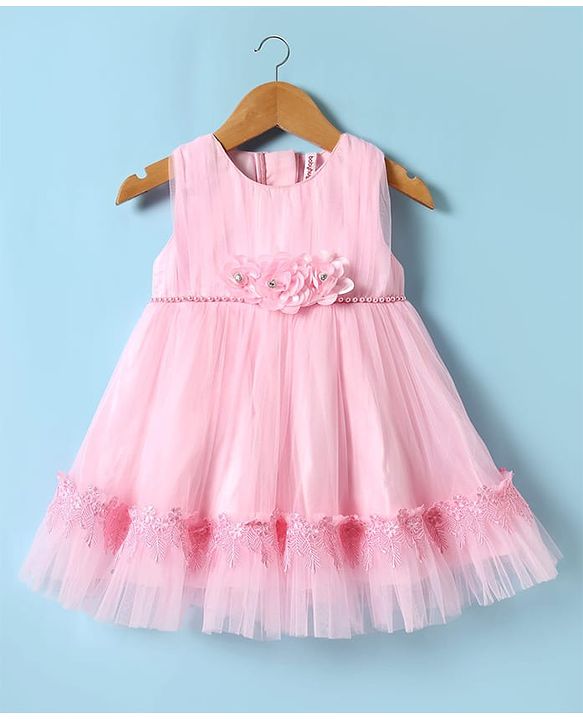 Babyhug 5 Layered With Cotton Lining Fit & Flare Sleeveless Mesh Party Dress With Flower Corsage and Lace Detailing - Pink