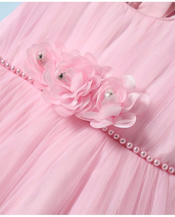 Babyhug 5 Layered With Cotton Lining Fit & Flare Sleeveless Mesh Party Dress With Flower Corsage and Lace Detailing - Pink