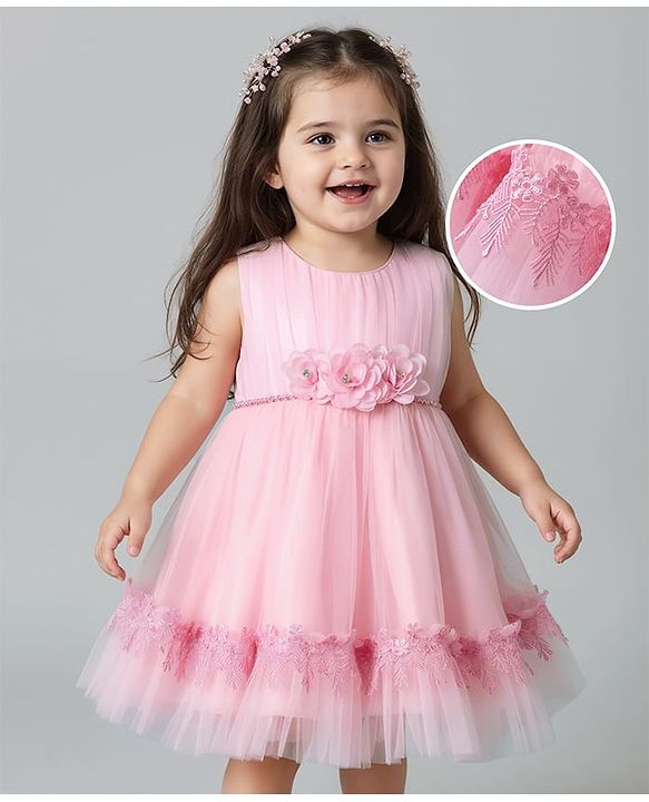 Babyhug 5 Layered With Cotton Lining Fit & Flare Sleeveless Mesh Party Dress With Flower Corsage and Lace Detailing - Pink