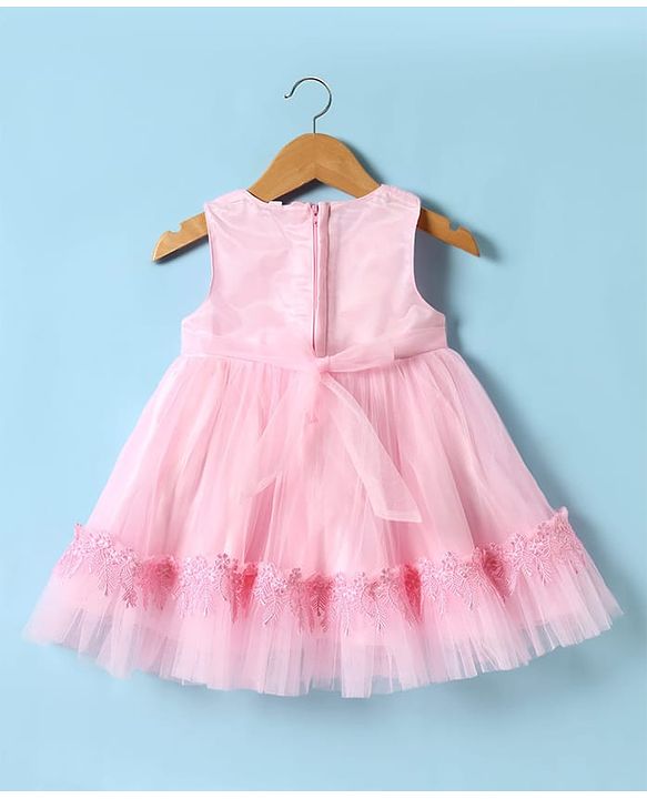 Babyhug 5 Layered With Cotton Lining Fit & Flare Sleeveless Mesh Party Dress With Flower Corsage and Lace Detailing - Pink
