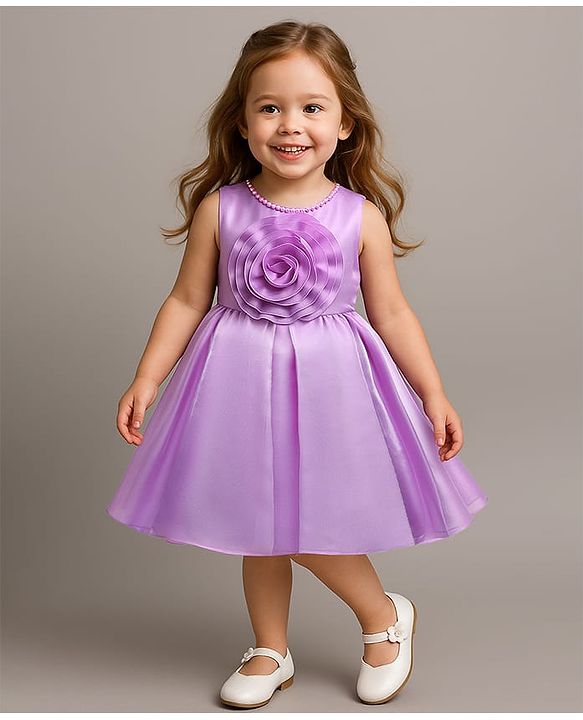 Babyhug Woven Sleeveless Party Dress with Floral Applique - Lavender