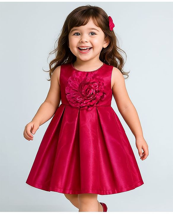 Babyhug Woven Sleeveless Pleated Party Dress with Floral Applique & Pearl Detailing - Red