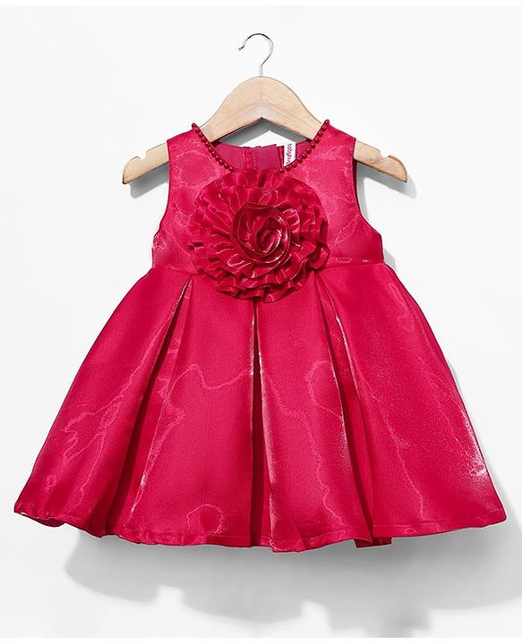 Babyhug Woven Sleeveless Pleated Party Dress with Floral Applique & Pearl Detailing - Red