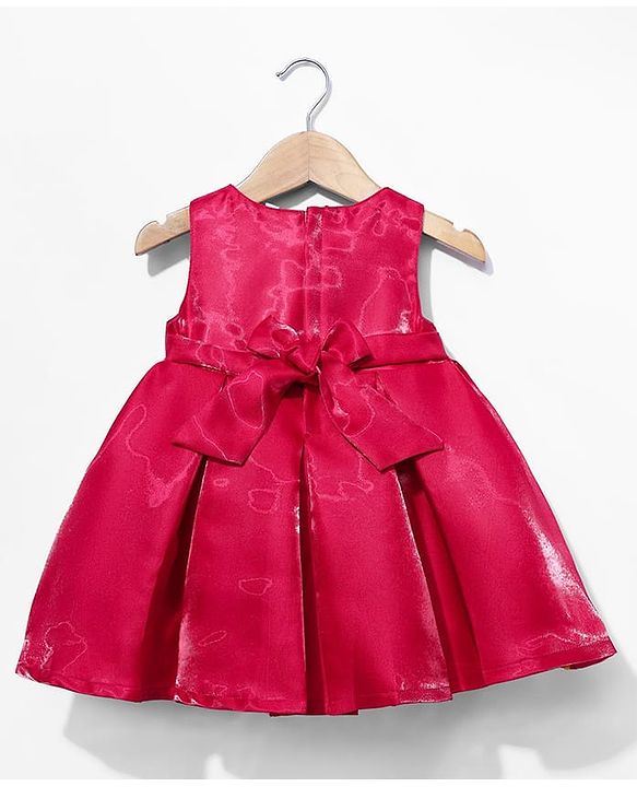 Babyhug Woven Sleeveless Pleated Party Dress with Floral Applique & Pearl Detailing - Red