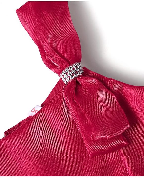 Babyhug Woven Sleeveless Solid Party Dress With Bow Applique & Lace Detailing - Red