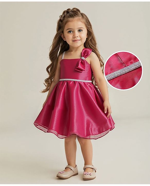 Babyhug Woven Sleeveless Solid Party Dress With Bow Applique & Lace Detailing - Red