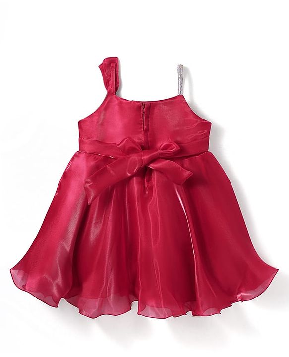 Babyhug Woven Sleeveless Solid Party Dress With Bow Applique & Lace Detailing - Red