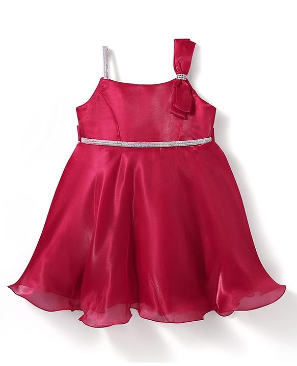 Babyhug Woven Sleeveless Solid Party Dress With Bow Applique & Lace Detailing - Red