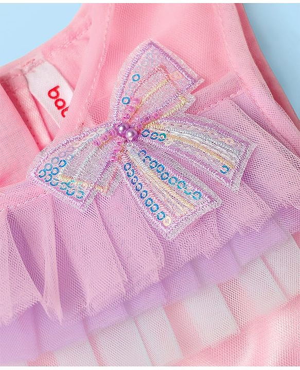 Babyhug 5 Layered Sleeveless Mesh Party Dress With Bow Applique & Cotton Lining - Multicolor
