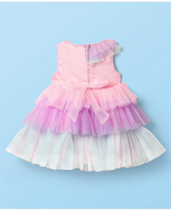 Babyhug 5 Layered Sleeveless Mesh Party Dress With Bow Applique & Cotton Lining - Multicolor