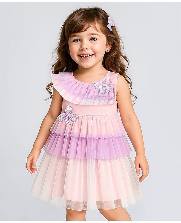 Babyhug 5 Layered Sleeveless Mesh Party Dress With Bow Applique & Cotton Lining - Multicolor