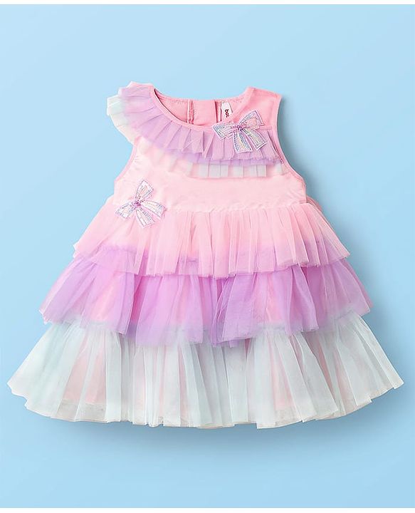 Babyhug 5 Layered Sleeveless Mesh Party Dress With Bow Applique & Cotton Lining - Multicolor