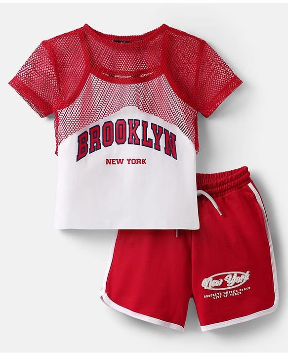Pine Kids Single Jersey Knit Half Sleeves Top & Shorts Set With Brooklyn Print - Red & White