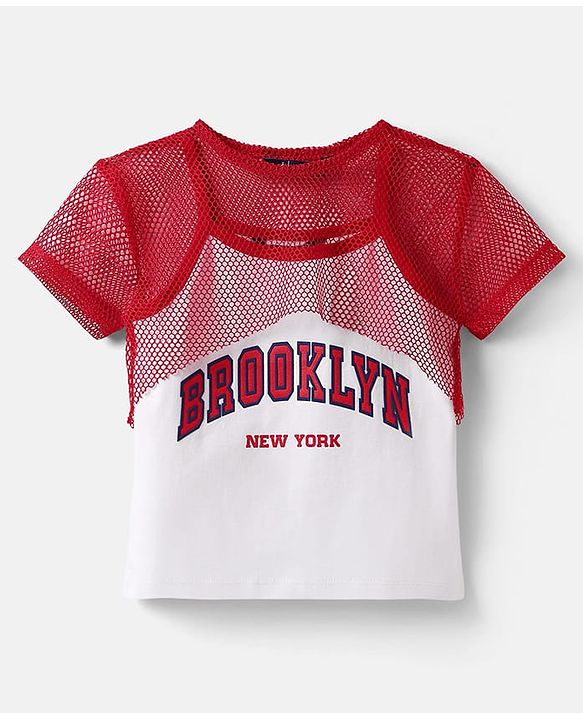 Pine Kids Single Jersey Knit Half Sleeves Top & Shorts Set With Brooklyn Print - Red & White