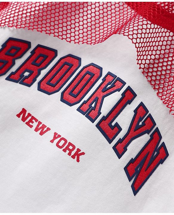 Pine Kids Single Jersey Knit Half Sleeves Top & Shorts Set With Brooklyn Print - Red & White