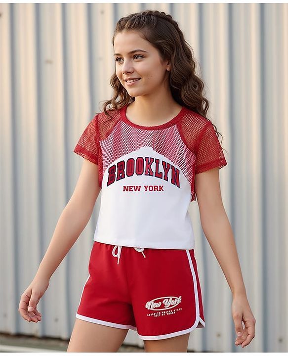 Pine Kids Single Jersey Knit Half Sleeves Top & Shorts Set With Brooklyn Print - Red & White
