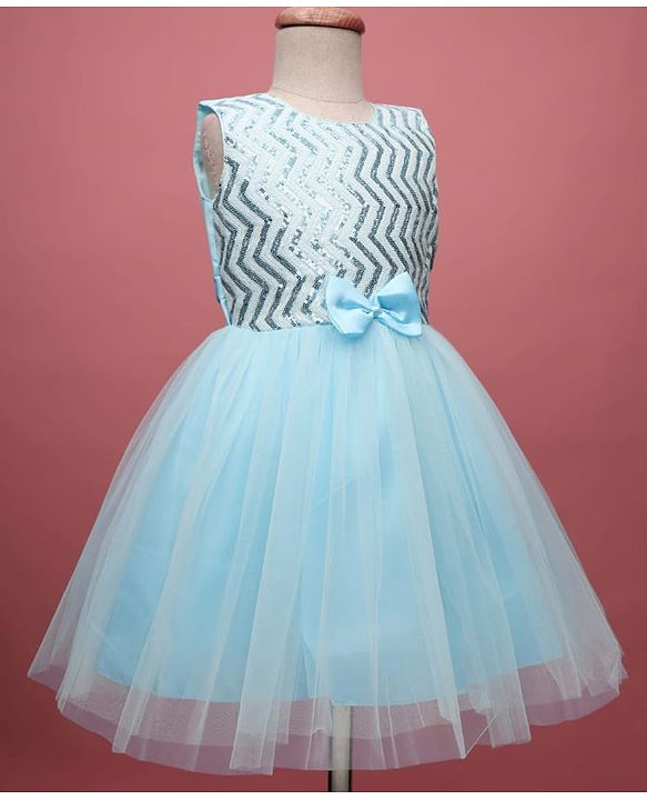 Pine Kids Woven Sleeveless Mesh Party Dress with Sequin Detailing & Bow Applique - Light Blue