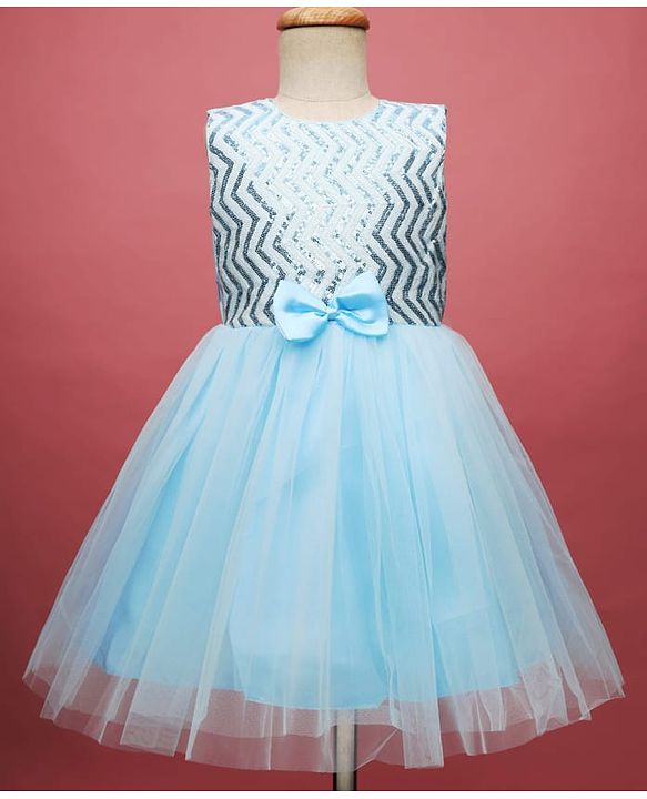 Pine Kids Woven Sleeveless Mesh Party Dress with Sequin Detailing & Bow Applique - Light Blue