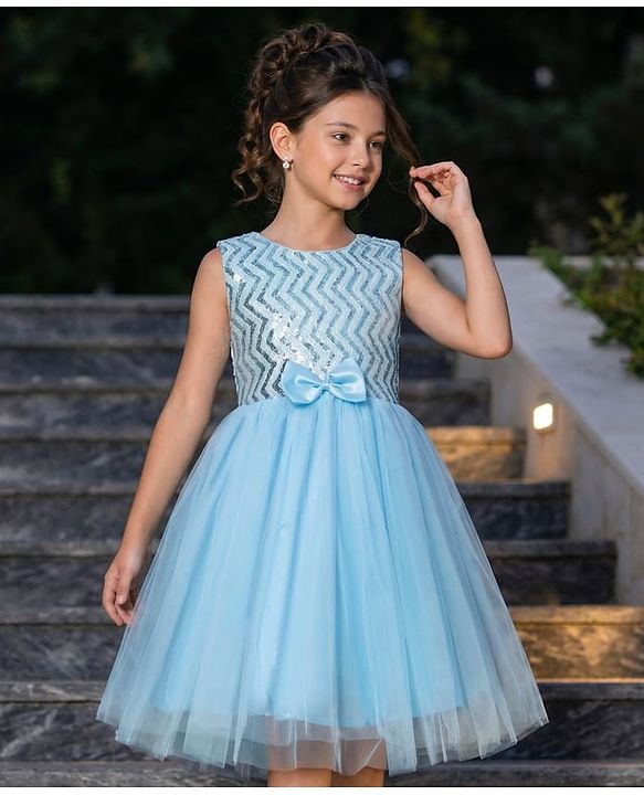 Pine Kids Woven Sleeveless Mesh Party Dress with Sequin Detailing & Bow Applique - Light Blue