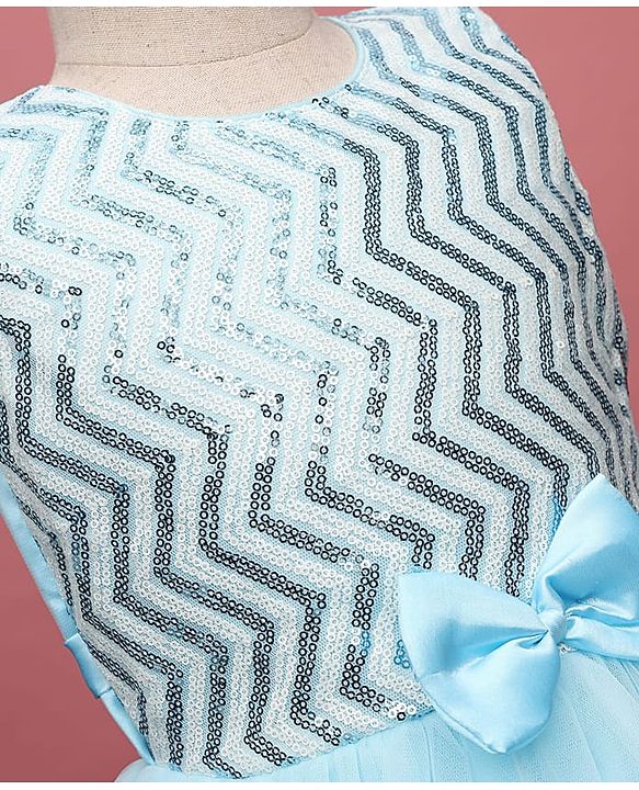 Pine Kids Woven Sleeveless Mesh Party Dress with Sequin Detailing & Bow Applique - Light Blue